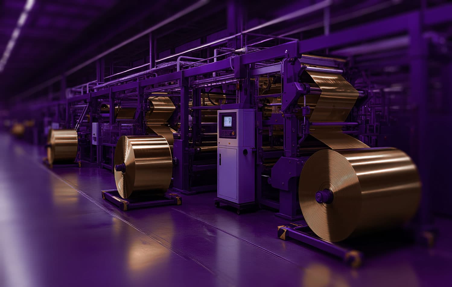 Packaging converting line with large paper rolls in a production plant
